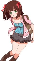 Rule 34 | 1girl, amami haruka, blush, boots, breasts, brown hair, cleavage, ekusiregaia, frilled skirt, frills, green eyes, hair ribbon, idolmaster, idolmaster (classic), looking at viewer, ribbon, short hair, simple background, skirt, small breasts, smile, solo, white background