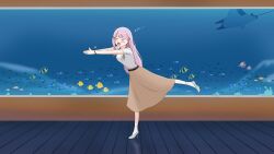 Rule 34 | 1girl, ahoge, aquarium, bare shoulders, belt, belt buckle, bow, bra strap, bracelet, braid, breasts, buckle, casual, closed eyes, fish, full body, hair ornament, high-waist skirt, high heels, highres, ichino nabana, jewelry, leaning forward, long hair, long skirt, looking to the side, lycoris recoil, maha5, maha5japan, manta ray, medium breasts, meme, myrica (ascasestina), off-shoulder shirt, off shoulder, open mouth, outstretched arms, own hands together, parody, pink hair, sakana~ (meme), scene reference, shirt, shirt tucked in, short sleeves, short socks, skirt, socks, solo, standing, standing on one leg, virtual youtuber, white shirt, white socks