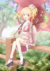 Rule 34 | 1girl, alternate costume, bad id, bad pixiv id, bell, blonde hair, fence, flandre scarlet, floral print, flower, hair flower, hair ornament, japanese clothes, kimono, lolita fashion, looking at viewer, noala, obi, oil-paper umbrella, open mouth, platform clogs, red eyes, sash, side ponytail, sitting, sitting on object, smile, solo, touhou, tree, umbrella, wa lolita, wings, yukata