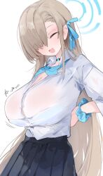 Rule 34 | 1girl, ^ ^, asuna (blue archive), blue archive, blue bow, blue bowtie, blue eyes, bow, bowtie, bra visible through clothes, breasts, choker, closed eyes, hair over one eye, hair ribbon, halo, happy, highres, large breasts, light brown hair, long hair, mikozin, open mouth, pleated skirt, ribbon, school uniform, scrunchie, skirt, smile, solo, very long hair, wrist scrunchie