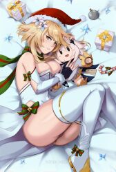 Rule 34 | blonde hair, bow, candy, candy cane, christmas, food, genshin impact, gift, hat, highres, looking at viewer, lumine (genshin impact), noxcuro, paimon (genshin impact), santa hat, thighhighs, white thighhighs, yellow eyes