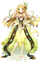 Rule 34 | 1girl, bad id, bad pixiv id, bare shoulders, barefoot, blonde hair, breasts, cherrypin, choker, cleavage, cleavage cutout, clothing cutout, doily, dress, feet, flower, full body, green eyes, hair flower, hair ornament, happy, long hair, looking at viewer, medium breasts, no bra, open mouth, original, plant, simple background, smile, solo, standing, very long hair, vines