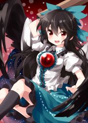 Rule 34 | 1girl, arm cannon, bird wings, black hair, black wings, blouse, bow, cape, collared shirt, dotted background, frilled skirt, frills, gradient background, green skirt, hair between eyes, hair bow, highres, long hair, looking at viewer, open mouth, puffy short sleeves, puffy sleeves, red background, red eyes, reiuji utsuho, ruu (tksymkw), shirt, short sleeves, skirt, smile, solo, starry sky print, teeth, touhou, triangle print, weapon, white cape, white shirt, wings