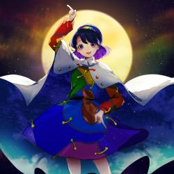 Rule 34 | 1girl, blue eyes, blue hair, cake mogo, cape, commentary, dress, hairband, highres, long sleeves, looking at viewer, moon, multicolored clothes, multicolored dress, multicolored hairband, open mouth, patchwork clothes, pointing, pointing down, pointing up, rainbow gradient, red button, short hair, sky print, smile, solo, symbol-only commentary, tenkyuu chimata, touhou, two-sided cape, two-sided fabric, white cape