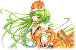 Rule 34 | 1girl, artist request, bare shoulders, blush, breasts, c.c., cleavage, code geass, code geass: lost stories, collarbone, detached collar, detached sleeves, dress, earrings, female focus, floating hair, flower, game cg, green hair, happy, hat, hat flower, jewelry, juliet sleeves, leaning forward, light blush, long dress, long hair, long sleeves, looking at viewer, medium breasts, non-web source, official art, orange dress, orange flower, orange rose, orange sleeves, parted lips, puffy sleeves, rose, sidelocks, simple background, smile, solo, standing, strapless, strapless dress, teeth, transparent background, very long hair, white hat, yellow eyes