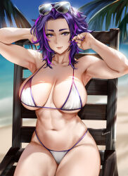 Rule 34 | 1girl, abs, armpits, arms up, artist name, aviator sunglasses, bare shoulders, beach, beach chair, bikini, boku no hero academia, breasts, breasts apart, collarbone, easonx, eyewear on head, highres, lady nagant, large breasts, looking at viewer, medium hair, multicolored hair, muscular, muscular female, navel, outdoors, palm tree, parted bangs, pink hair, purple eyes, purple hair, purple nails, purple trim, sand, sitting, smile, solo, stomach, sunglasses, swimsuit, thighs, tree, two-tone hair, water, white bikini