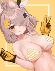 Rule 34 | 1girl, :q, absurdres, ahoge, animal ears, armpit crease, bare arms, bare shoulders, bikini, black gloves, breasts, brown hair, cleavage, closed mouth, collarbone, eyes visible through hair, fox ears, gloves, hair over one eye, hair ribbon, halterneck, hands up, highres, large breasts, looking at viewer, medium hair, naughty face, navel, one side up, pocari (sq551), ribbon, smile, solo, stomach, strap gap, string bikini, striped bikini, striped clothes, sweatdrop, swimsuit, thumbs up, tongue, tongue out, upper body, v, vrchat, yellow bikini, yellow eyes