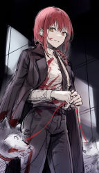 Rule 34 | 1girl, animal, bad id, bad twitter id, black necktie, black pants, blood, braid, braided ponytail, breasts, brown eyes, chainsaw man, collared shirt, dog, grin, hair over shoulder, highres, holding, holding leash, jacket, jacket on shoulders, large breasts, leash, long sleeves, looking at viewer, makima (chainsaw man), necktie, open clothes, open jacket, own hands together, pants, red hair, ringed eyes, shirt, sketch, smile, tokkyu, white shirt