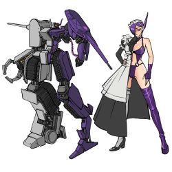 Rule 34 | 1girl, blush, boots, breasts, claws, clenched hand, decepticon, fingerless gloves, genderswap, genderswap (mtf), gloves, hair over one eye, kamitoge supino, large breasts, lingerie, maid, maid headdress, mecha, one-eyed, personification, procreate (medium), purple gloves, robot, shockwave (transformers), single boot, single glove, single thigh boot, single thighhigh, thigh boots, thighhighs, transformers, underwear, yellow eyes