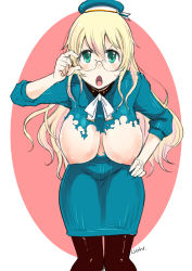 Rule 34 | 10s, 1girl, atago (kancolle), black pantyhose, blonde hair, blush, breasts, glasses, green eyes, hand on own hip, hanging breasts, hat, highres, kantai collection, kuboshun, large breasts, long hair, looking at viewer, nipples, open mouth, pantyhose, personification, smile, solo, torn clothes