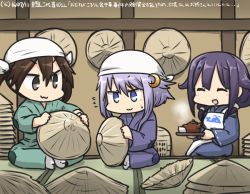 Rule 34 | 3girls, :3, :d, ahoge, alternate costume, apron, brown hair, commentary request, crescent, crescent hair ornament, cup, dated, eyebrows, closed eyes, flying sweatdrops, hair between eyes, hair ornament, hair ribbon, hamu koutarou, hat, head scarf, kantai collection, long hair, long sleeves, low twintails, multiple girls, open mouth, patch, purple hair, ribbon, rice hat, short hair with long locks, sidelocks, sitting, smile, taigei (kancolle), teacup, teapot, tone (kancolle), tray, twintails, yayoi (kancolle)