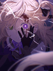 Rule 34 | 1girl, bad id, bad pixiv id, black dress, black gloves, black ribbon, blonde hair, blood, blood on face, blurry, blurry foreground, bright pupils, close-up, commentary request, dress, fischl (genshin impact), genshin impact, gloves, green eyes, hair ribbon, hand over eye, heterochromia, highres, lightning, long hair, mismatched pupils, nagikiho, one side up, purple background, purple eyes, ribbon, serious, simple background, sleeveless, sleeveless dress, solo, white pupils