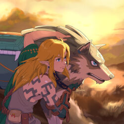 2boys artist_name blonde_hair blue_eyes body_marking clenched_teeth closed_mouth grass green_shirt hand_on_another&#039;s_head highres link looking_to_the_side mechanical_arms multiple_boys nintendo pointy_ears shirt stup-jam sunset teeth the_legend_of_zelda the_legend_of_zelda:_tears_of_the_kingdom the_legend_of_zelda:_twilight_princess twitter_username wolf wolf_link