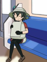 Rule 34 | 10s, 1girl, arama (arama514), bad id, bad twitter id, bag, black gloves, black hair, black pantyhose, blouse, blush, contemporary, closed eyes, gloves, hair between eyes, hat, hat feather, holding, holding bag, kaban (kemono friends), kemono friends, leaning to the side, hugging object, pantyhose, red shirt, shirt, short hair, short sleeves, shorts, sitting, solo, train interior