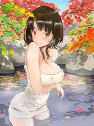 Rule 34 | 10s, 1girl, black hair, breast hold, breasts, covered erect nipples, day, hand on own stomach, kantai collection, large breasts, leaf, light smile, maple leaf, maple tree, mole, mole on breast, naked towel, onsen, outdoors, partially submerged, red eyes, short hair, solo, standing, standing on liquid, takao (kancolle), towel, tree, wading, yunsuku