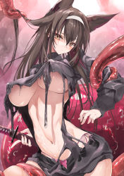 Rule 34 | 1girl, arm grab, breasts, brown eyes, brown hair, covered erect nipples, dress, dripping, grabbing another&#039;s hair, hairband, highres, katana, large breasts, long sleeves, melting, monster, navel, original, panties, pink panties, restrained, skindentation, slime (substance), solo, sword, tentacle grab, tentacles, thigh grab, torn clothes, torn dress, underboob, underwear, weapon, wet, won (az hybrid)