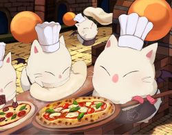 Rule 34 | apron, baking, bat wings, black apron, brick oven, brick wall, chef hat, closed eyes, commentary, dough, final fantasy, floating, food, glaa da, hat, highres, holding, indoors, kneading, moogle, no humans, no mouth, oven, oven mitts, peel (tool), pizza, whiskers, white headwear, wings