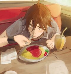 Rule 34 | 1boy, absurdres, ahoge, blush, collared shirt, diner, drink, drinking straw, eating, food, fork, hair between eyes, highres, holding, holding fork, leaning forward, light particles, light rays, looking at viewer, looking up, male focus, mita makoto, omelet, omurice, shirt, short hair, sketch, solo, sunset, sweet pool, table, tomikko, upper body, utensil in mouth, yellow eyes