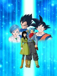 Rule 34 | 2girls, 3boys, black hair, blue hair, boots, breasts, bulma, couple, dokkan battle, dragon ball, dragon ball super, father and son, frown, long hair, looking at viewer, mai (future) (dragon ball), medium breasts, mother and daughter, multiple boys, multiple girls, official art, son goku, sword, tagme, trunks (dragon ball), trunks (future) (dragon ball), vegeta, weapon