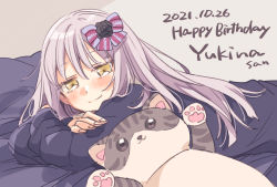 Rule 34 | 1girl, bang dream!, blush, bow, character name, crossed arms, dated, grey hair, hair bow, happy birthday, highres, long hair, lying, minato yukina, on stomach, sketch, smile, solo, stuffed animal, stuffed cat, stuffed toy, upper body, yellow eyes, zawameki