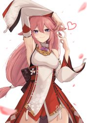 Rule 34 | 1girl, absurdres, animal ears, arm up, armpits, blush, breasts, cherry blossoms, commentary, cowboy shot, detached sleeves, earrings, floppy ears, floral print, fox ears, genshin impact, hair between eyes, hair ornament, heart, heart hands, highres, japanese clothes, jewelry, light smile, long hair, looking at viewer, low-tied long hair, medium breasts, miko, pendant, petals, pink hair, priestess, purple eyes, ribbon-trimmed sleeves, ribbon trim, sera narumu, sideboob, simple background, solo, tassel, vision (genshin impact), white background, wide sleeves, yae miko