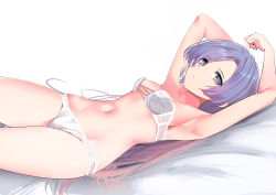 Rule 34 | :o, absurdres, armpits, arms up, azur lane, blue hair, bra, breasts, cleavage cutout, clothing cutout, helena (azur lane), highres, looking at viewer, lying, medium breasts, navel, panties, purple eyes, schreibe shura, simple background, solo, underwear, underwear only, white background, white bra, white panties