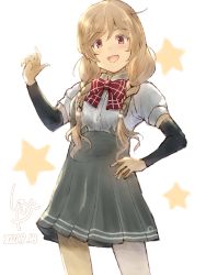 Rule 34 | 1girl, arm warmers, artist logo, bow, bowtie, braid, brown eyes, cloud hair ornament, cowboy shot, dated, gradient hair, grey skirt, hand on own hip, highres, kantai collection, ld (luna dial398), light brown hair, long hair, looking at viewer, low twin braids, minegumo (kancolle), multicolored hair, one-hour drawing challenge, plaid, plaid bow, plaid bowtie, plaid neckwear, pleated skirt, red bow, red bowtie, red eyes, shirt, skirt, solo, standing, star (symbol), starry background, twin braids, white background, white shirt