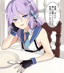 Rule 34 | 1girl, aqua necktie, black gloves, blue eyes, blue sailor collar, bow, breasts, chair, fingerless gloves, gloves, hair between eyes, hair bow, heart, highres, kantai collection, langley (kancolle), looking at viewer, necktie, parted lips, plate, purple hair, sailor collar, shirt, short necktie, sitting, sleeveless, sleeveless shirt, small breasts, solo, speech bubble, spoon, tonome (rururara)