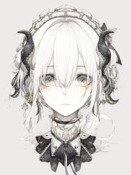 Rule 34 | 1girl, black choker, choker, commentary, cropped shoulders, grey background, grey eyes, hair between eyes, highres, hito komoru, horns, looking at viewer, maid headdress, original, parted lips, portrait, short hair, solo, symbol-only commentary, white hair