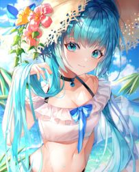 Rule 34 | 1girl, aqua eyes, aqua hair, bad id, bad pixiv id, bare shoulders, beach, black choker, blue eyes, blue hair, blue ribbon, blush, breasts, choker, cleavage, closed mouth, cloud, collarbone, day, female focus, flower, hat, hat flower, hatsune miku, innertube, leaf, long hair, looking at viewer, medium breasts, minttchocok, navel, outdoors, pink flower, ribbon, sky, smile, solo, stomach, swim ring, swimsuit, twintails, vocaloid, water, water drop, wet, yellow flower