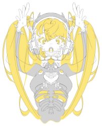 Rule 34 | 1girl, arms up, blonde hair, hair between eyes, heart, ka9 qq, long hair, looking at viewer, open mouth, original, ribs, sharp teeth, simple background, sketch, solo, teeth, unfinished, upper body, white background, yellow eyes