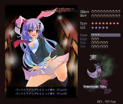 Rule 34 | 1girl, animal ears, blush, breasts, business suit, choice, choices, cleavage, fake screenshot, female focus, formal, highres, holding, holding clothes, holding underwear, imperishable night, long hair, medium breasts, necktie, no bra, no panties, noi (noi 2y), panties, pantyshot, purple hair, rabbit ears, red necktie, reisen udongein inaba, skirt, skirt suit, socks, solo, striped clothes, striped panties, suit, touhou, touhou user interface, translated, underwear, upskirt