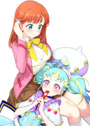 Rule 34 | + +, 2girls, :3, adjusting hair, ahoge, animal hat, aqua eyes, bell, blonde hair, blue choker, blue dress, blue hair, blush, bow, bowtie, braid, breasts, brown skirt, pet food, cat hair ornament, cat hat, choker, closed mouth, collared shirt, commentary, dress, eating, food in mouth, hair ornament, hair strand, hat, hibino matsuri, jacket, jingle bell, knees together feet apart, lap pillow, long hair, looking at another, looking down, lying, medium breasts, multicolored hair, multiple girls, myamu, neck bell, on back, open clothes, open jacket, orange hair, pink jacket, pleated skirt, pretty series, purple eyes, school uniform, shirt, side braid, simple background, sitting, skirt, smile, sparkling eyes, streaked hair, thick thighs, thighs, twintails, usaginiku1123, vest, waccha primagi!, white background, white shirt, white vest, yellow bow