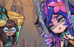 Rule 34 | 2girls, :d, animal, brown hair, cage, colored skin, flower, glasses, green skin, hair flower, hair ornament, horizontal pupils, imminent vomiting, league of legends, multicolored hair, multiple girls, neeko (league of legends), open mouth, outdoors, phantom ix row, pink flower, pink hair, purple hair, purple skin, sick, smile, sweatdrop, two-tone hair