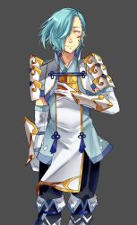 Rule 34 | 1boy, blue hair, dated, fire emblem, fire emblem fates, gloves, grey background, hair over one eye, highres, japanese clothes, looking at viewer, male focus, nintendo, shigure (fire emblem), simple background, smile, solo