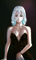 Rule 34 | 1girl, absurdres, bare arms, bare shoulders, bchung, black background, black dress, black eyes, breasts, breasts apart, closed mouth, collarbone, cowboy shot, crossed legs, dress, expressionless, hair over face, highres, jujutsu kaisen, lips, long hair, looking at viewer, medium breasts, mei mei (jujutsu kaisen), sitting, sleeveless, sleeveless dress, solo, strapless, strapless dress, white hair