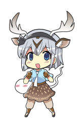 Rule 34 | 10s, 1girl, :d, animal ears, axis deer (kemono friends), axis deer (kemono friends) (cosplay), blue eyes, blue shirt, blush stickers, boots, clenched hands, colonel aki, cosplay, gloves, hair ribbon, hairband, hands up, horns, kemono friends, konpaku youmu, konpaku youmu (ghost), moose (kemono friends), moose (kemono friends) (cosplay), moose ears, moose tail, necktie, open mouth, pants, pants under skirt, ribbon, shirt, shoes, short hair, short sleeves, silver hair, skirt, smile, tail, touhou, white background