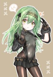 Rule 34 | 1girl, armored gloves, belt pouch, black bodysuit, black ribbon, black skirt, bodysuit, breasts, brown pantyhose, covered navel, d:, fur collar, goddess of victory: nikke, green hair, hair ribbon, hairband, head bump, highres, kilo (nikke), langley1000, light blush, long hair, long sleeves, open mouth, pantyhose, parted lips, pouch, ribbon, skin tight, skirt, small breasts, solo, yellow eyes