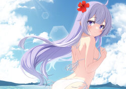 Rule 34 | 1girl, ahoge, alternate costume, azur lane, back, bare arms, bare shoulders, bikini, blue sky, blush, breasts, closed mouth, cloud, commentary request, day, flower, from behind, hair flower, hair ornament, long hair, ocean, outdoors, purple eyes, purple hair, shoulder blades, side-tie bikini bottom, sky, small breasts, smile, solo, sukireto, sunlight, swimsuit, unicorn (azur lane), very long hair, white bikini
