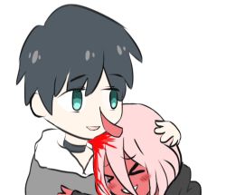 Rule 34 | &gt; &lt;, 10s, 1boy, 1girl, black cloak, black hair, blood, blood in hair, cloak, coat, colored skin, couple, darling in the franxx, fur trim, green eyes, grey coat, hair between eyes, hand on another&#039;s head, hiro (darling in the franxx), hood, hooded cloak, hug, kobesmallgerman, long hair, parka, pink hair, red skin, short hair, winter clothes, winter coat, aged down, zero two (darling in the franxx)