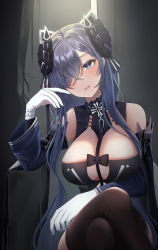 Rule 34 | 1girl, absurdres, august von parseval (azur lane), azur lane, black dress, black thighhighs, blue eyes, blush, breast curtains, breasts, capelet, cleavage, clothing cutout, cross, crossed legs, curled horns, curtains, detached sleeves, dress, gloves, hair over one eye, highres, horns, indoors, konparu uran, large breasts, lips, long hair, looking at viewer, open mouth, silver hair, sitting, smile, solo, thighhighs, throne, white gloves