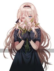 Rule 34 | 1girl, alternate costume, an-94 (girls&#039; frontline), bad id, bad twitter id, belt, black dress, black gloves, blonde hair, blue eyes, blush, breasts, cowboy shot, dress, flower, girls&#039; frontline, gloves, hair between eyes, hairband, holding, holding flower, lily (flower), long hair, looking at viewer, medium breasts, off-shoulder dress, off shoulder, one eye closed, sidelocks, silence girl, simple background, solo, very long hair, white background