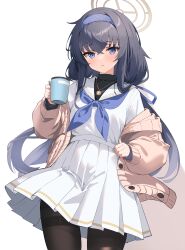 Rule 34 | 1girl, absurdres, black hair, black pantyhose, black undershirt, blue archive, blue eyes, blue hairband, blue neckerchief, blue ribbon, cardigan, commentary request, cowboy shot, crossed bangs, cup, grey cardigan, hairband, halo, highres, holding, holding cup, jewelry, long hair, long sleeves, looking at viewer, mushpz, neckerchief, necklace, off shoulder, open cardigan, open clothes, open mouth, pantyhose, pleated skirt, ribbon, school uniform, serafuku, simple background, skirt, solo, ui (blue archive), very long hair, white background, white serafuku, white skirt