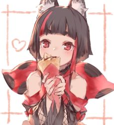 Rule 34 | 1girl, nanashi inc., animal ear fluff, animal ears, animare, bare shoulders, blunt bangs, commentary request, crepe, food, fox ears, heart, holding, holding food, izumi sai, multicolored hair, original, red eyes, short eyebrows, short hair, solo, streaked hair, thick eyebrows, virtual youtuber