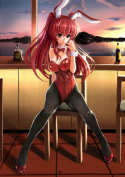 Rule 34 | 1girl, alcohol, animal ears, bar (place), bare shoulders, blush, bow, bowtie, breasts, chair, cleavage, cup, detached collar, drinking glass, fake animal ears, highres, kousaka tamaki, lake, large breasts, leotard, liquor, long hair, one eye closed, pantyhose, playboy bunny, rabbit ears, red eyes, red hair, solo, sunset, to heart, to heart (series), to heart 2, window, wine, wine glass, wink, wrist cuffs, yumemi (kiowa)