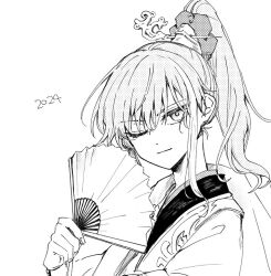 Rule 34 | 1girl, 2024, dated, fate/grand order, fate/samurai remnant, fate (series), folding fan, greyscale, hand fan, high ponytail, holding, holding fan, japanese clothes, light smile, lone nape hair, looking at viewer, medium hair, mo (aabx315), monochrome, one eye closed, sidelocks, simple background, solo, yui shousetsu (fate)