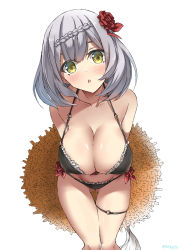 Rule 34 | 1girl, bare shoulders, bikini, black bikini, braid, breasts, cleavage, collarbone, commentary request, covering nipples, covering privates, flower, frilled bikini, frills, genshin impact, gluteal fold, green eyes, hair flower, hair ornament, halterneck, hat, head tilt, highres, kurokage, large breasts, looking at viewer, noelle (genshin impact), parted lips, short hair, side-tie bikini bottom, silver hair, simple background, skindentation, solo, strap gap, straw hat, string bikini, sun hat, swimsuit, thigh strap, thighs, white background