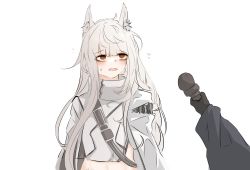 Rule 34 | 1girl, animal ear fluff, animal ears, arknights, bai yang, blush, brown eyes, cropped jacket, flying sweatdrops, highres, holding, holding microphone, horse ears, horse girl, interview, jacket, long hair, long sleeves, messy hair, microphone, midriff, open mouth, platinum (arknights), solo focus, sweatdrop, wavy mouth, white hair, white jacket