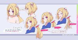Rule 34 | 1girl, aki rosenthal, aki rosenthal (1st costume), azumi akitake, blonde hair, bob cut, character name, character sheet, closed eyes, detached hair, expressions, hair ornament, hololive, long hair, looking at viewer, low twintails, multiple views, official art, open mouth, parted bangs, profile, purple eyes, short hair, smile, twintails, upper body, virtual youtuber