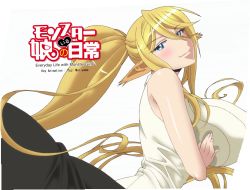 Rule 34 | 10s, 1girl, bare shoulders, blonde hair, blue eyes, breast hold, breasts, centaur, centorea shianus, grabbing, grabbing another&#039;s breast, highres, huge breasts, long hair, looking at viewer, monster girl, monster musume no iru nichijou, ponytail, screencap, simple background, smile, solo, stitched, taur, third-party edit